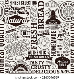 Retro styled typographic vector bread and bakery seamless pattern or background. Bread and bakery illustrations, vector food icons for baked goods randing and identity