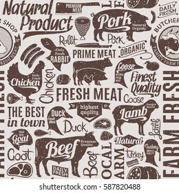 Retro styled typographic vector butchery seamless pattern or background.