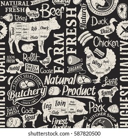 Retro styled typographic vector butchery seamless pattern or background