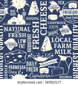 Retro styled typographic vector cheese seamless pattern or background. Cheese icons and design elements for groceries, agriculture stores, packaging and advertising