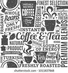 Retro styled typographic vector coffee and tea seamless pattern or background