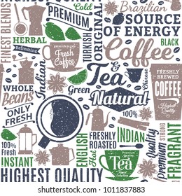 Retro styled typographic vector coffee and tea seamless pattern or background.