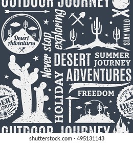 Retro styled typographic vector desert adventures seamless pattern or background.