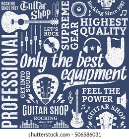 Retro styled typographic vector guitar shop seamless pattern or background. 