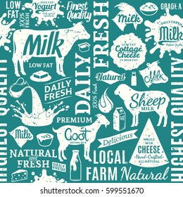 Retro styled typographic vector milk product seamless pattern or background.