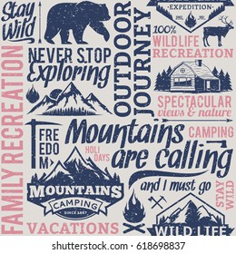 Retro styled typographic vector mountain and outdoor adventures seamless pattern or background.