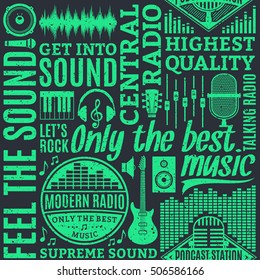 Retro styled typographic vector radio seamless pattern or background.