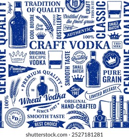 Vetor tipográfico retrô vodka padrão sem costura ou fundo. Vodka e destilando ícones da empresa, marca e elementos de design de identidade