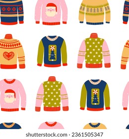 Retro styled ugly daddy sweaters seamless pattern, background. Knitted winter pullowers. Cozy season. Christmas, New Year celebration. Retro vintage colors.