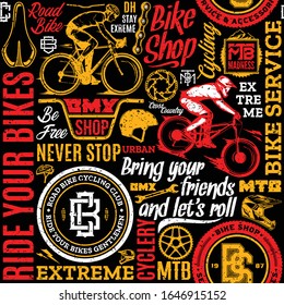 Retro styled vector bicycle seamless pattern or background in black, white, red and yellow colors. Bike shop and club badges. Mountain and road biking icons and design elements