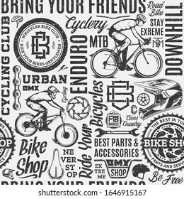 Retro styled vector black and white typographic bicycle seamless pattern or background. Bike shop and club badges, mountain and road biking design elements