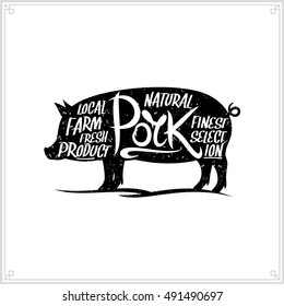 Retro styled vector black and white pork meat label.