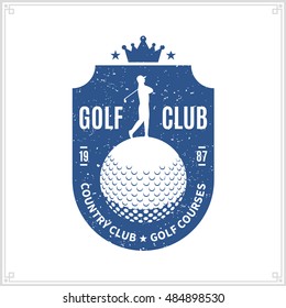 Retro styled vector blue golf country club logo with player and ball for golf tournaments, organizations and golf country clubs