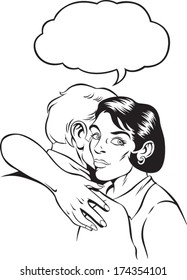 Retro styled vector with couple hugging.