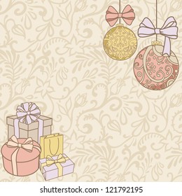 retro styled vector illustration of christmas decoration with ornate background