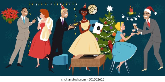 Retro styled vector illustration, group of people dressed in 1950s fashion, celebrating Christmas of New Year, EPS 8, no transparencies