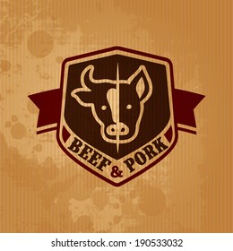 retro styled vector labels of butcher shop bovine butcher animal classical product meat ranch cutlery isolated swine natural killing food pork market pure sign cattle beef publishing shadow old-fashio