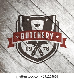 retro styled vector labels of butcher shop on the mature wood texture butcher animal classic product meat farm knife isolated natural killing food wood market fresh sign raw butchery letterpress silho