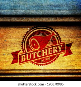 retro styled vector mark of butcher shop on the aged timber texture cow butcher animal classic product meat farm cutlery isolated pig natural deadly nurture pork wood market fresh sign cattle beef but