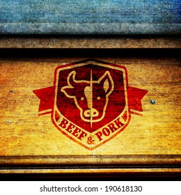 retro styled vector seal of butcher store on the aged wood texture cow butcher animal classic product meat ranch cutlery isolated swine natural killing food pig timber market fresh mark cattle butcher