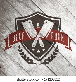 retro styled vector seal of butcher store on the mature timber texture animal classic product meat farm knife isolated natural killing food wood market fresh sign raw butchery letterpress silhouette v