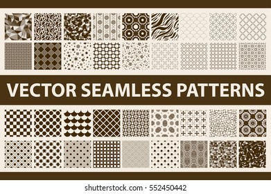 Retro styled vector seamless pattern pack: abstract, vintage, technology and geometric. 36 brown and ivory elements. Vector illustration