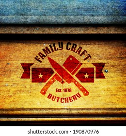 retro styled vector stamp of butcher store on the elderly timber texture cow butcher animal classical product meat ranch cutlery isolated pig natural killing aliment pork wood market pure sign cattle