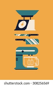 Retro styled vector visual on cooking or kitchen accessories and tools. Can be used in cooking and kitchen themed wall art, poster design, web banners and more