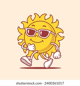 Mascota del personaje del sol vintage de estilo retro con gafas de sol graciosa ilustración vectorial