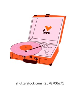 Retro styled vinyl record player turntable Vintage audio gramophone for music playing listening books Analog phonograph Flat vector illustration isolated on white background. Happy Valentine`s day