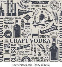 Retro estilo vodka sem costura padrão ou fundo. Vodka e destilando ícones da empresa, marca e elementos de design de identidade