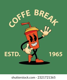 Retro Styled Walking Cup of Coffee Isolated on Green Background. Vintage Vector Illustration for T-shirt or Poster Design.