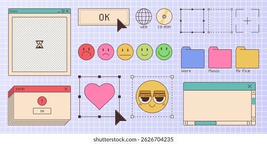 Retro styled window browser interface elements from nostalgic websites - emoticon face icons, colorful folders, dialog error warning pop-up, pink love heart. Ui assets for vintage internet design.