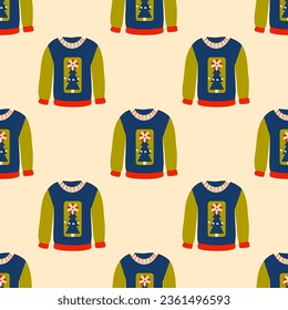 Retro styled winter ugly sweaters seamless pattern, background. Knitted pullowers. Cozy season. Christmas, New Year celebration. Retro vintage colors.