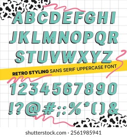 Retro styling Sans Serif upercase font. 60s and 70s typography. Vitage alphabet letters, numbers, punctuation marks. 