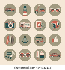 Retro stylish best summer vacation lifestyle circle web icons featuring anchor, surfing, sunglasses, like thumb, auto rickshaw, surfer car, retro camera, scooter, taxi cab, ice cream, post stamps