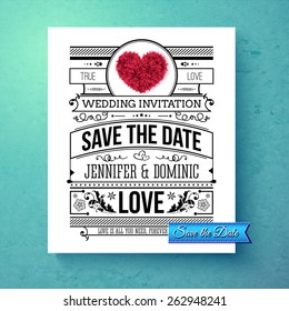 Retro stylish Save The Date wedding template with black and white text with calligraphic ornaments and a red symbolic heart over a graduated blue background, vector illustration