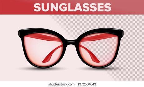 Retro Stylish Sunglasses, Trendy Vector 3D Shades. Sunglasses With Black Frame And Red Lens Isolated Clipart. Eyewear Front View On Transparent Background. Accessories Realistic Illustration