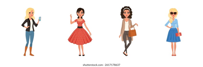 Retro Stylish Young Woman Dressed in Trendy Clothes Vector Set