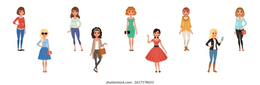 Retro Stylish Young Woman Dressed in Trendy Clothes Vector Set
