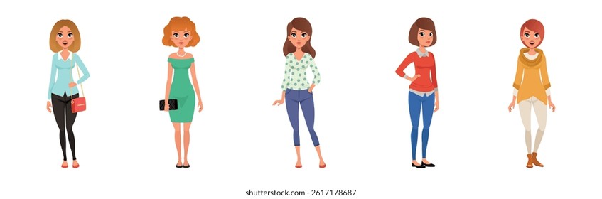 Retro Stylish Young Woman Dressed in Trendy Clothes Vector Set