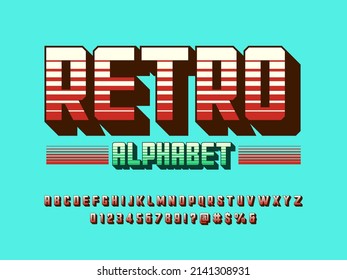 Retro stylized alphabet design with uppercase, numbers and symbol