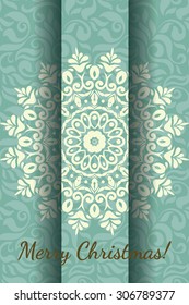 Retro stylized Christmas Card with hand drawn snowflake ornament, beige-turquoise-brown colored
