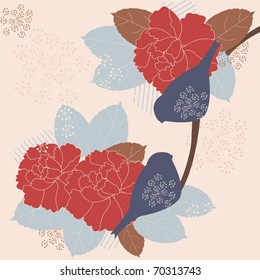 Retro stylized floral background - two birds sitting on a tree