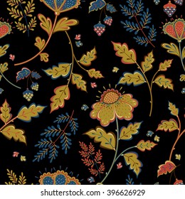 Retro stylized flower pattern on black background - vector illustration