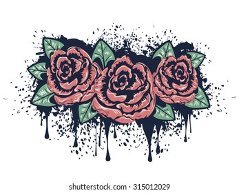 Retro stylized roses with grunge splatters, sketch style illustration.