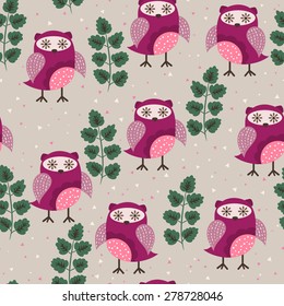 Retro stylized vector seamless pattern with cute owls