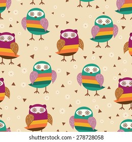 Retro stylized vector seamless pattern with cute owls