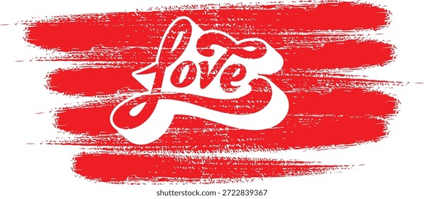 Retro stylized white typography spelling the word love over bold smeared red background texture