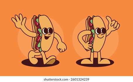 Retro Sub Sandwich Mascot for Cafe Restaurant Branding with Cartoon Hand-Drawn Characters in Vintage Style